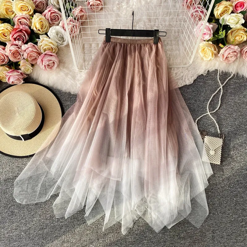 "GRADIENT IRREGULAR DOUBLE-LAYER GAUZE" SKIRT N040602