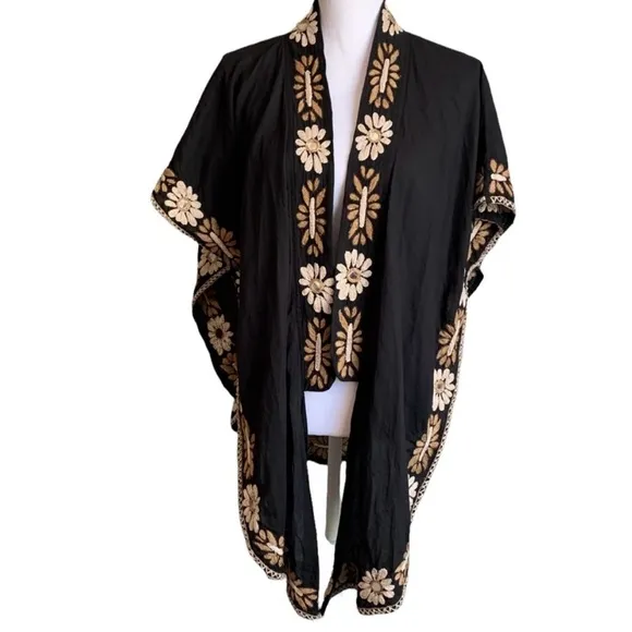 Raga Womens Black Floral Embroidered Open FrontCardigan Kimono - EUC