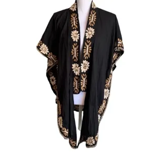 Raga Womens Black Floral Embroidered Open FrontCardigan Kimono - EUC
