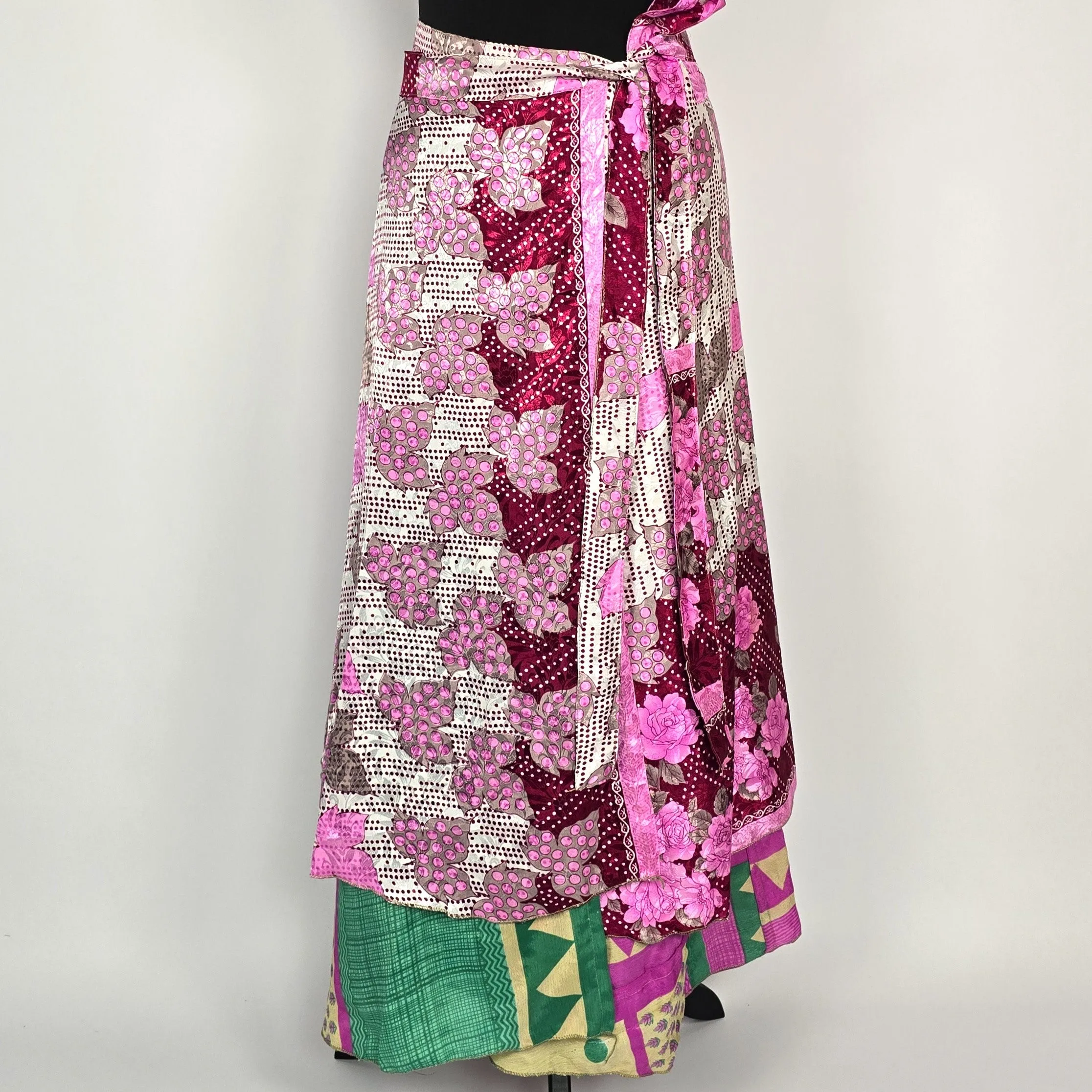 Reversable flattering Indian gypsy wrap skirt, made from vintage silk-mix saree fabrics with Oriental & floral print #35