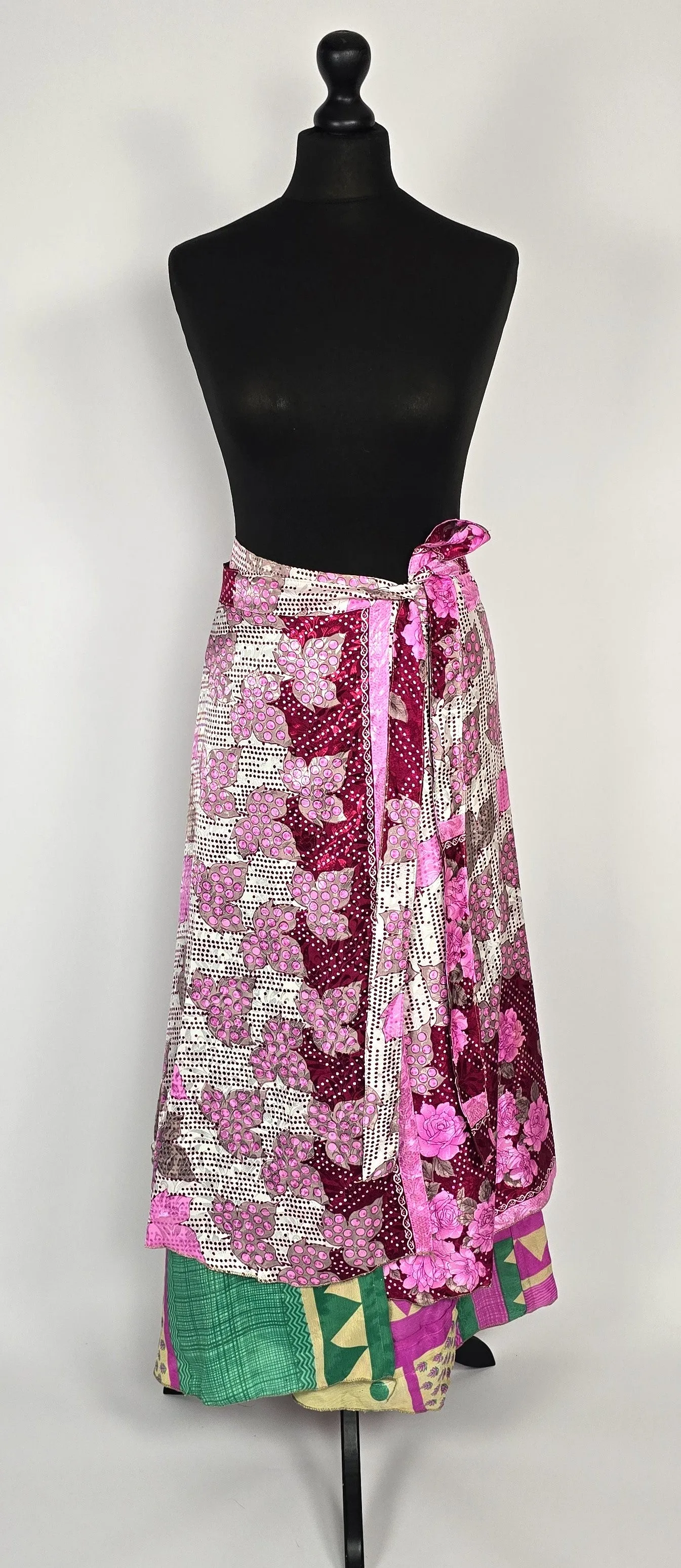 Reversable flattering Indian gypsy wrap skirt, made from vintage silk-mix saree fabrics with Oriental & floral print #35