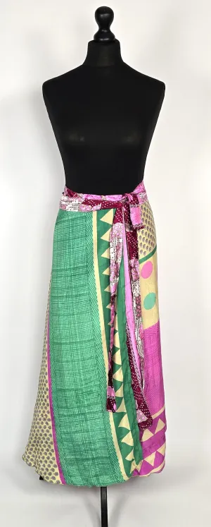Reversable flattering Indian gypsy wrap skirt, made from vintage silk-mix saree fabrics with Oriental & floral print #35