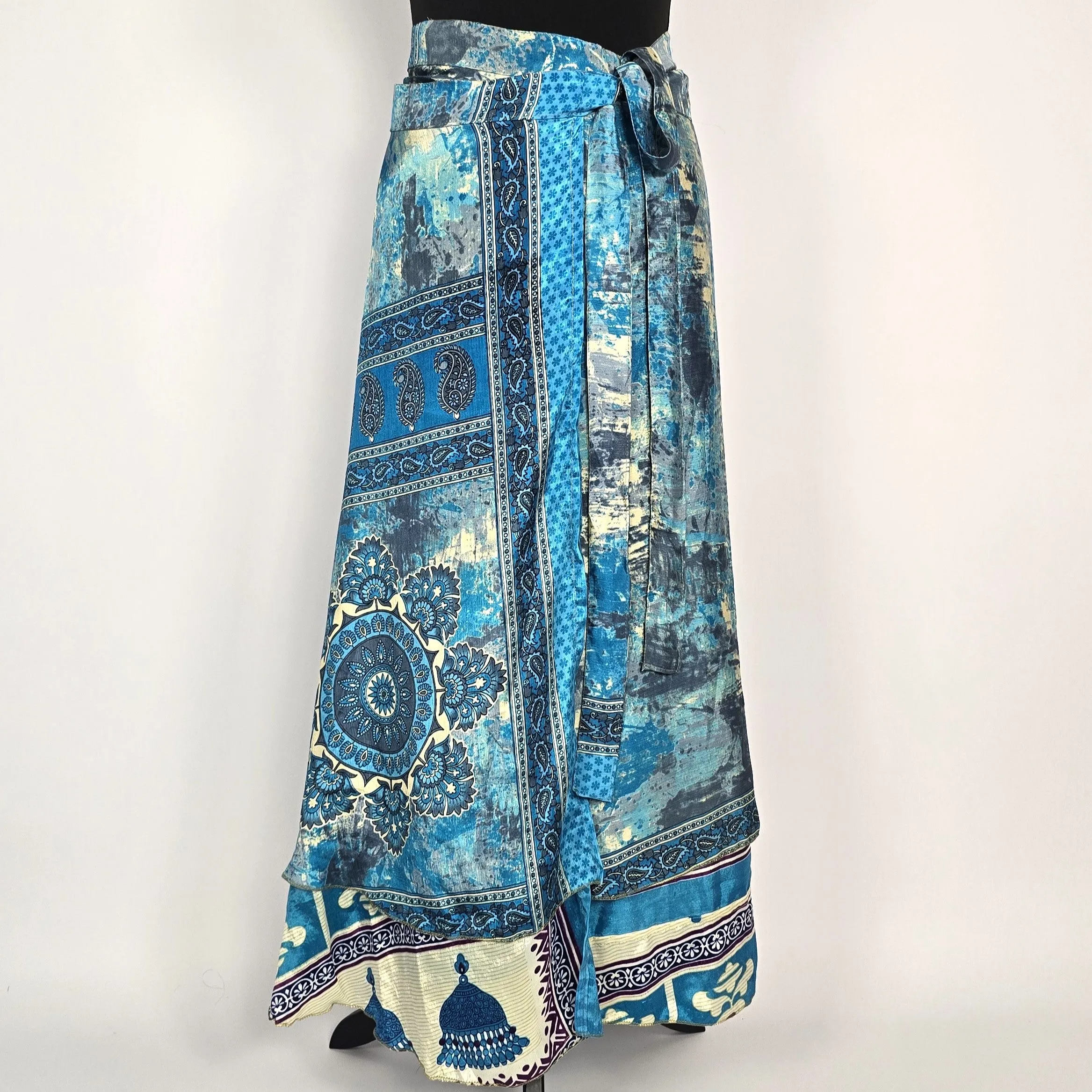 Reversable flattering Indian gypsy wrap skirt, made from vintage silk-mix saree fabrics with Oriental & floral print #8