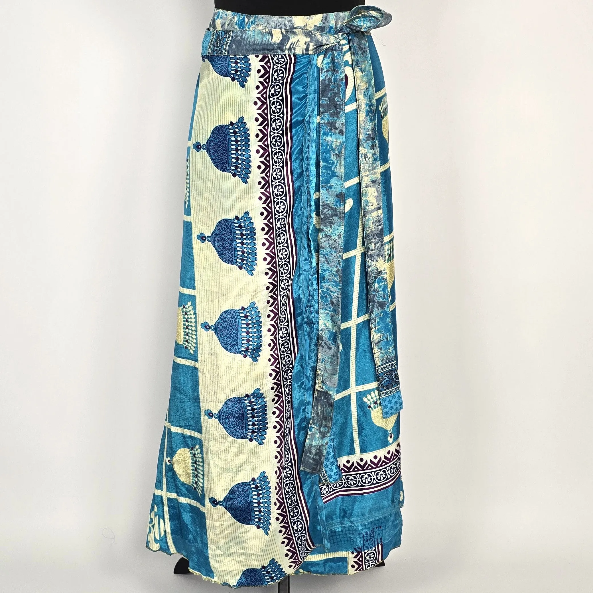 Reversable flattering Indian gypsy wrap skirt, made from vintage silk-mix saree fabrics with Oriental & floral print #8