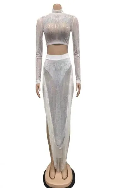 Rhinestone Two Piece Mesh Dress Set - White -