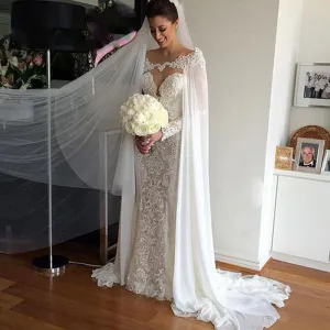 Roycebridal White ivory Wedding Wraps Chiffon Bride Jacket Bridal Cloak Dress's Cape Appliques Hot Sale manto Women Wedding Accessory