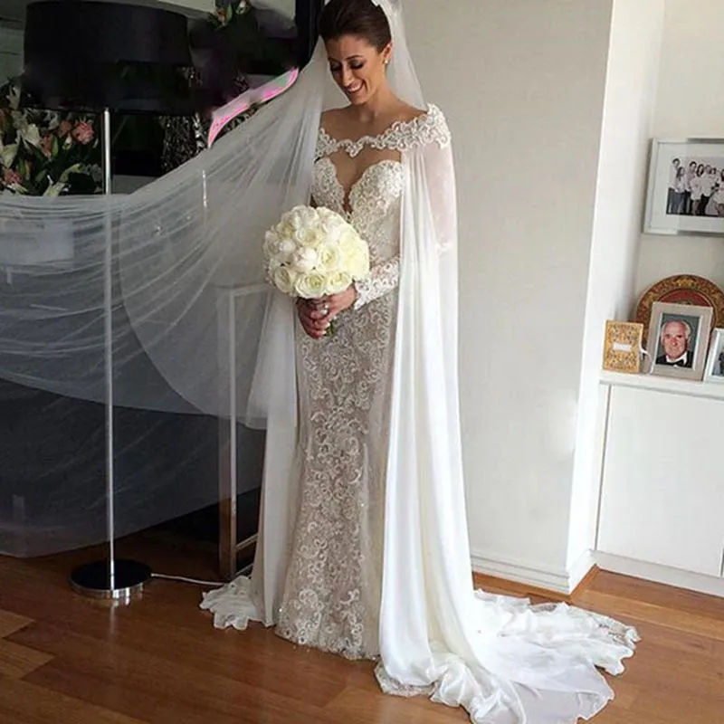 Roycebridal White ivory Wedding Wraps Chiffon Bride Jacket Bridal Cloak Dress's Cape Appliques Hot Sale manto Women Wedding Accessory