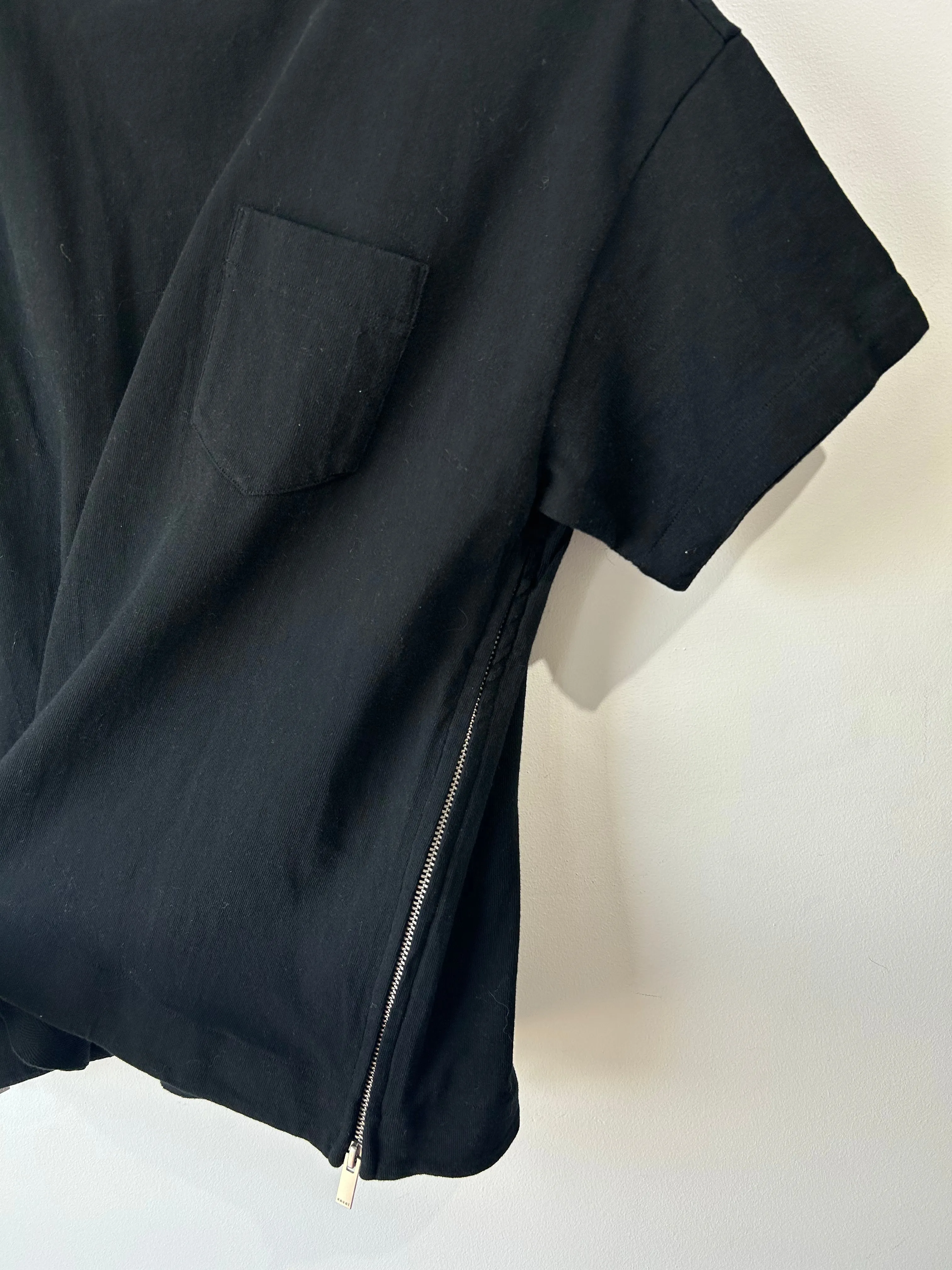 Sacai Black Cotton Tee with Neck Buckle and Side Zippers