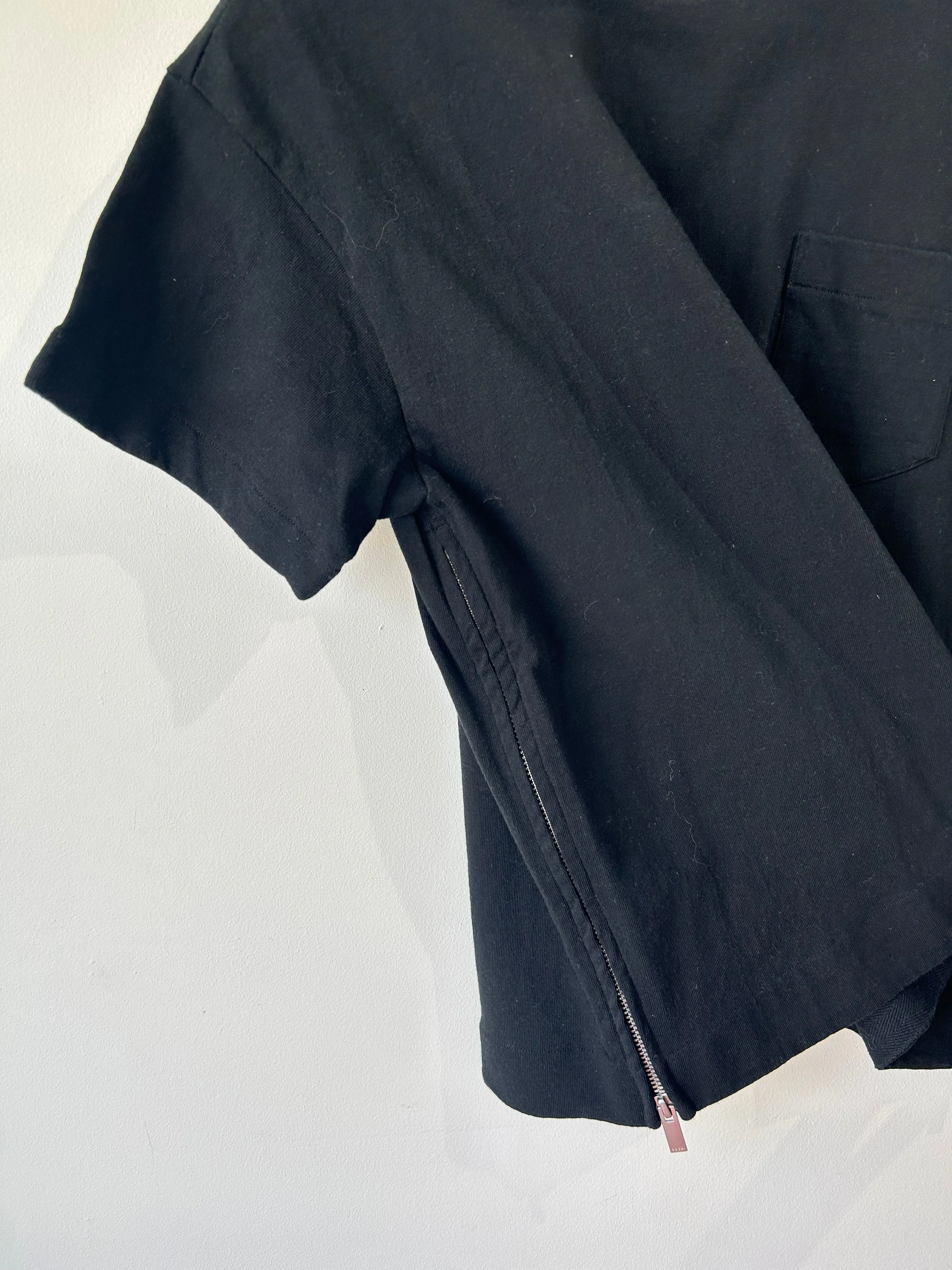 Sacai Black Cotton Tee with Neck Buckle and Side Zippers