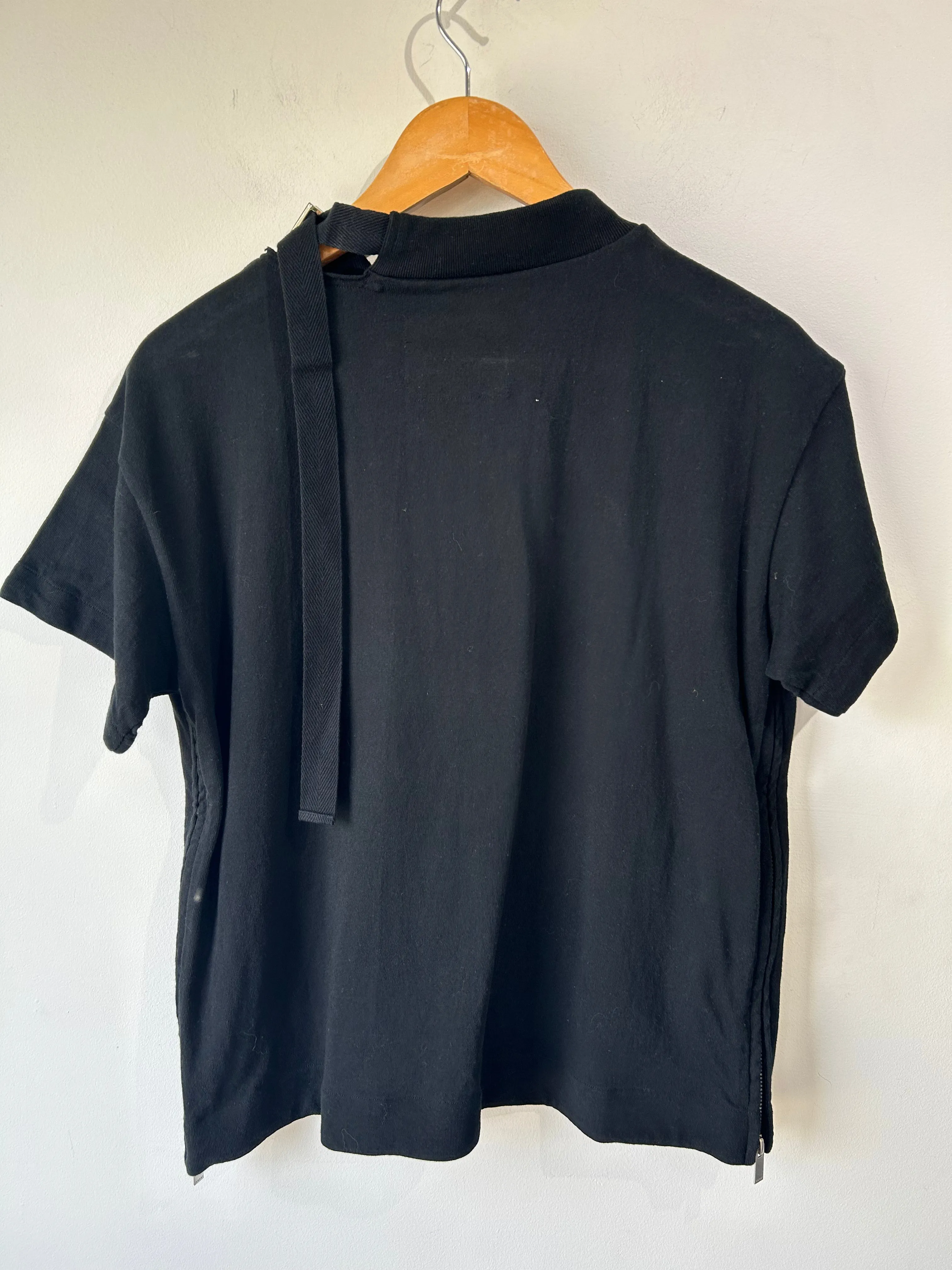 Sacai Black Cotton Tee with Neck Buckle and Side Zippers