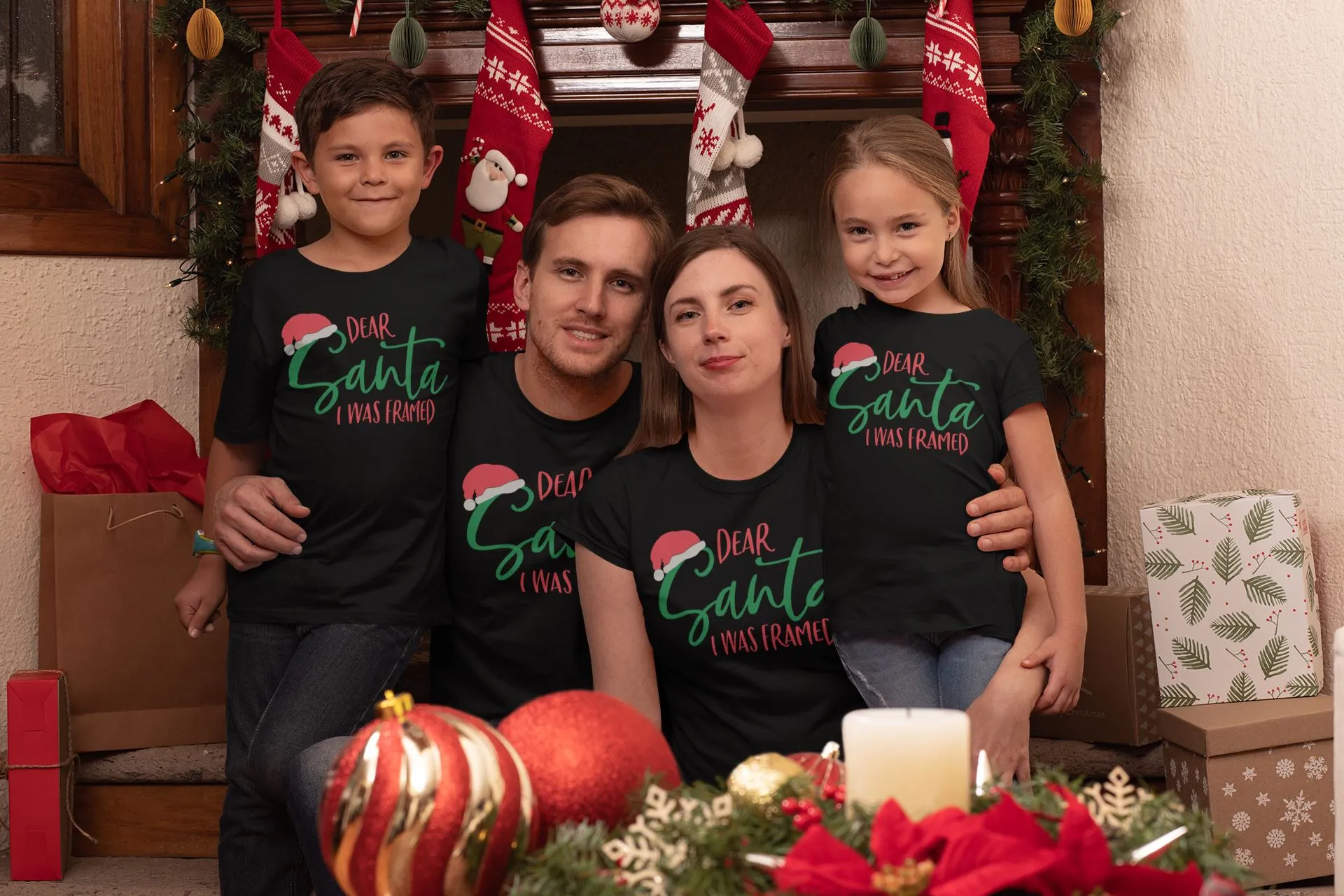 Santa I was Framed Family Black T-shirts