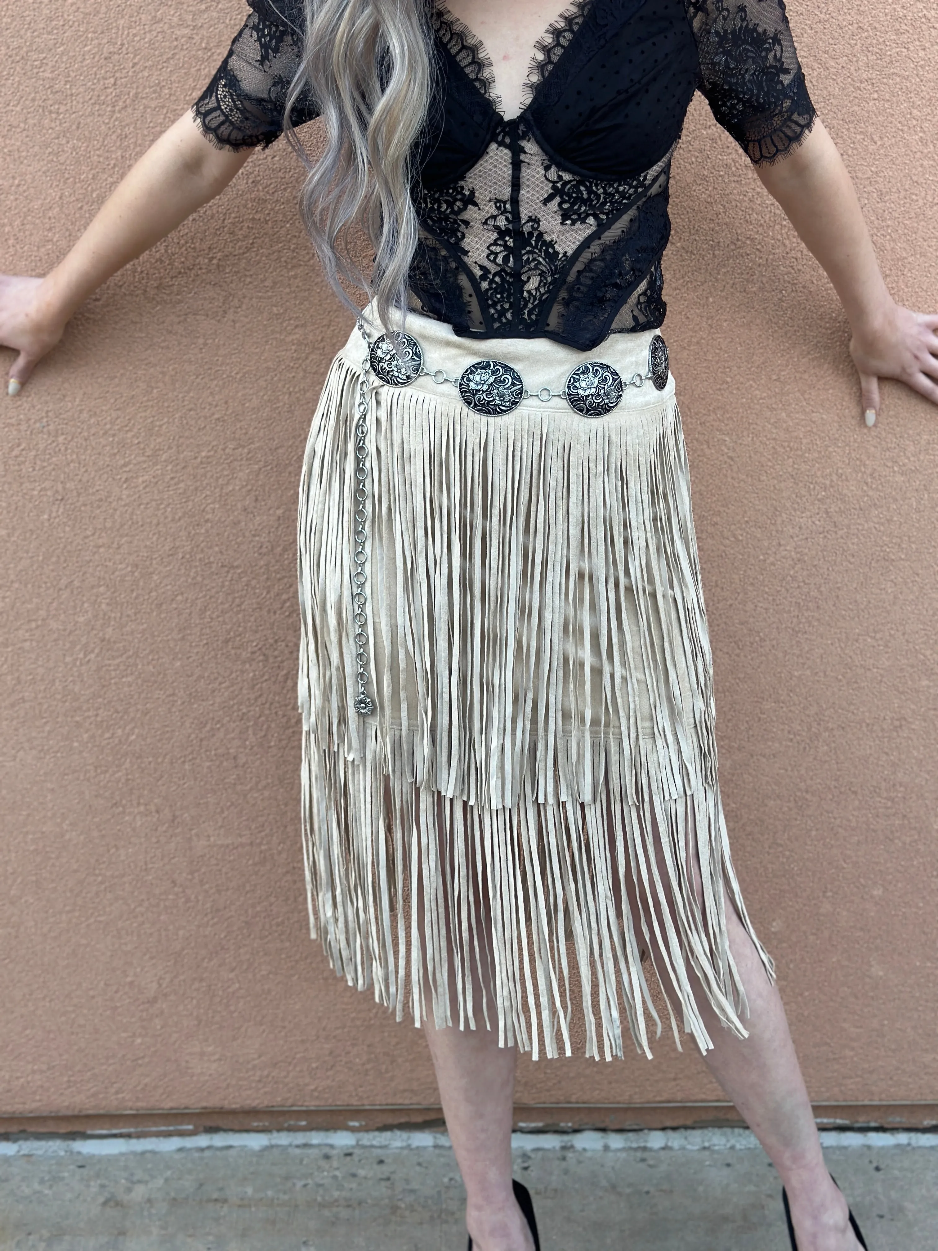 Sarahi Beige Fringe Skirt