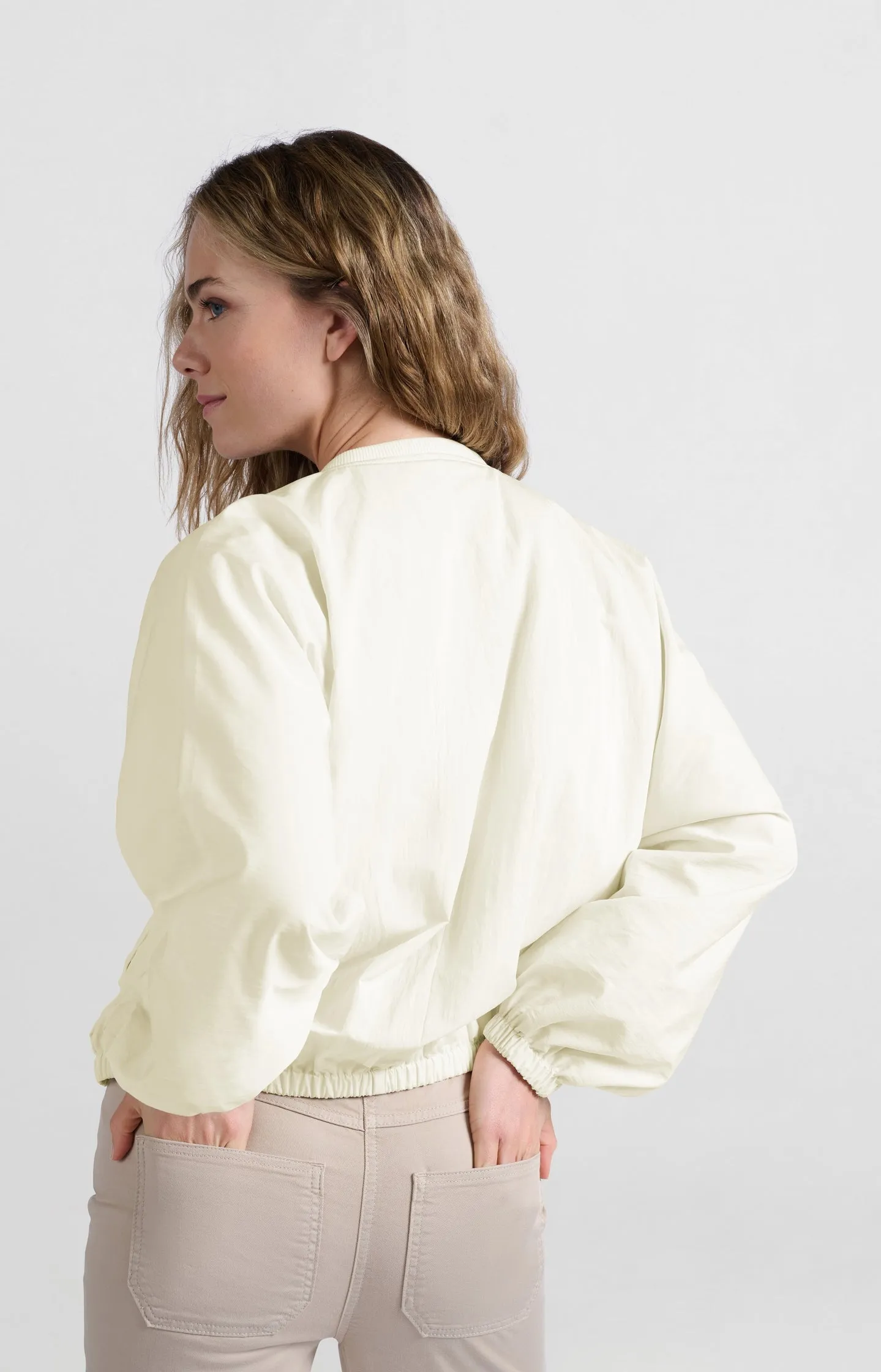 Short nylon bomber jacket with oversized fit