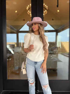 Short Puff Sleeve Ribbed Sweater - Cream - FINAL SALE