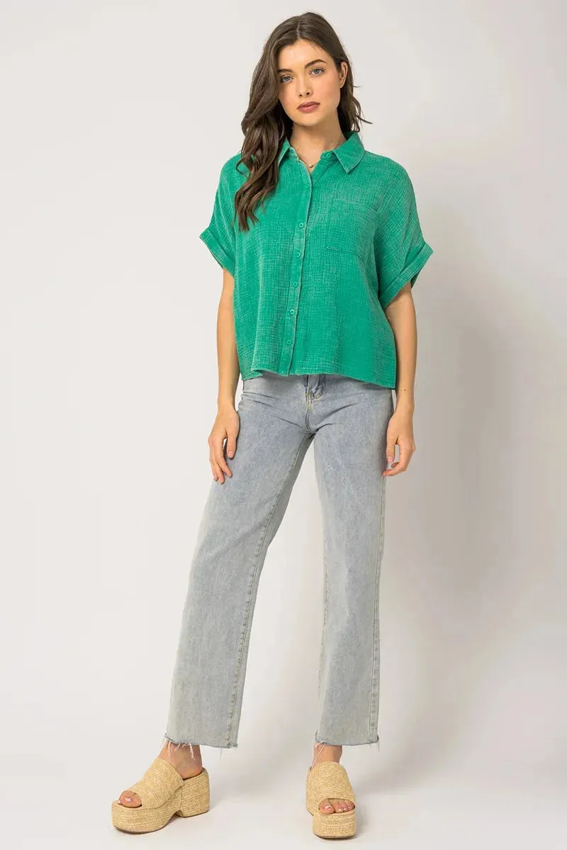 Short Sleeve Washed Double Gquze Blouse