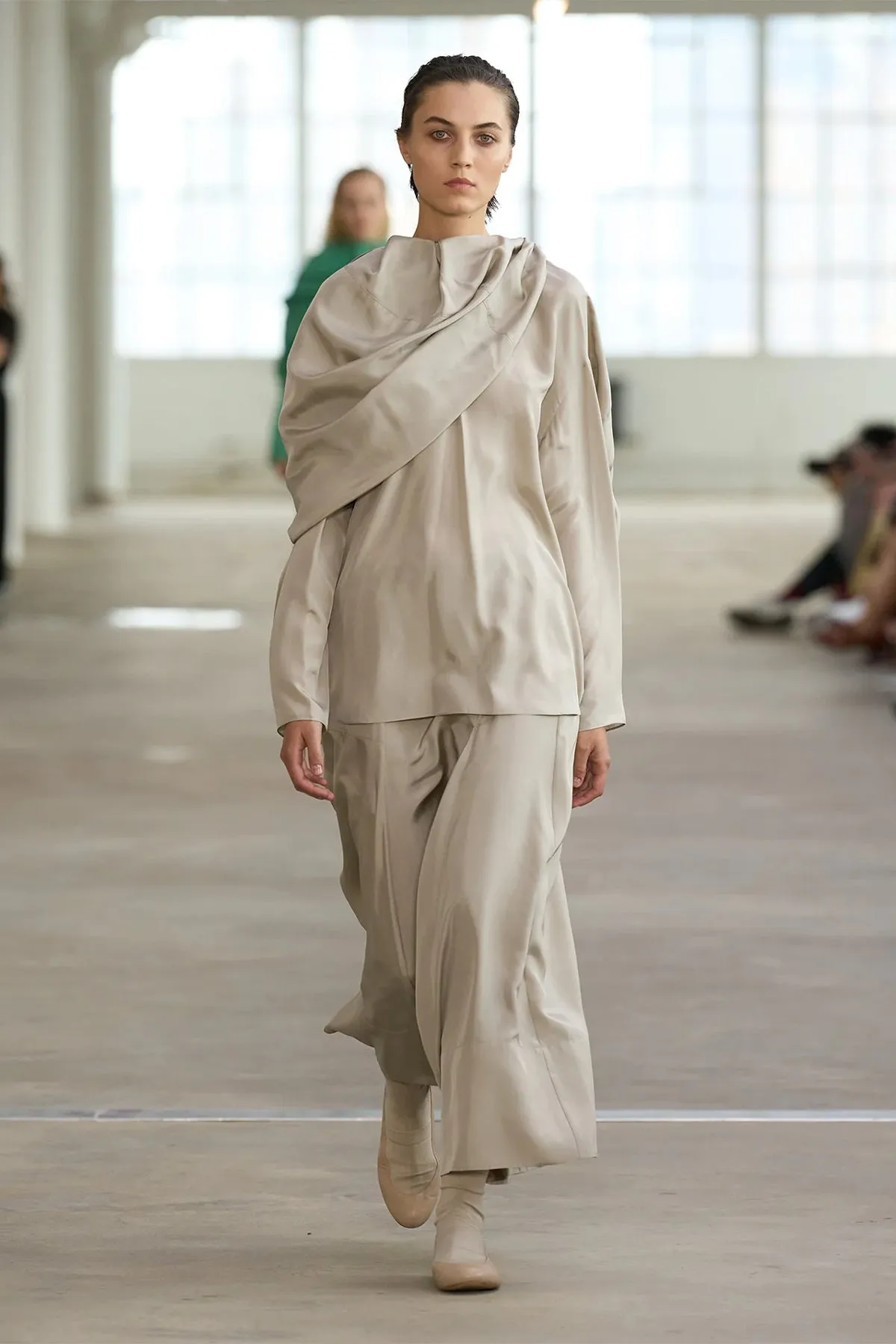 Silk Habutai Circular Seamed Skirt in Light Stone