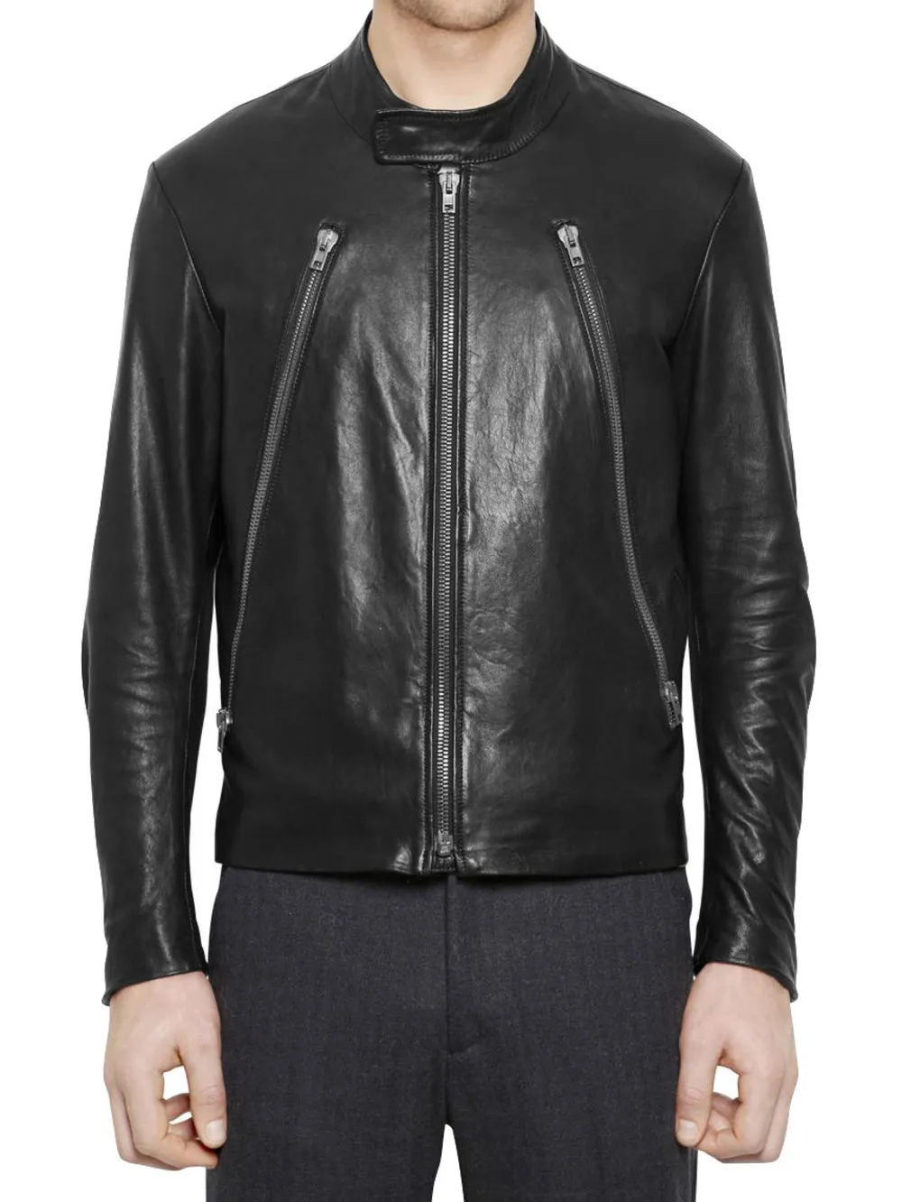 Snap Button Collar Leather Jacket