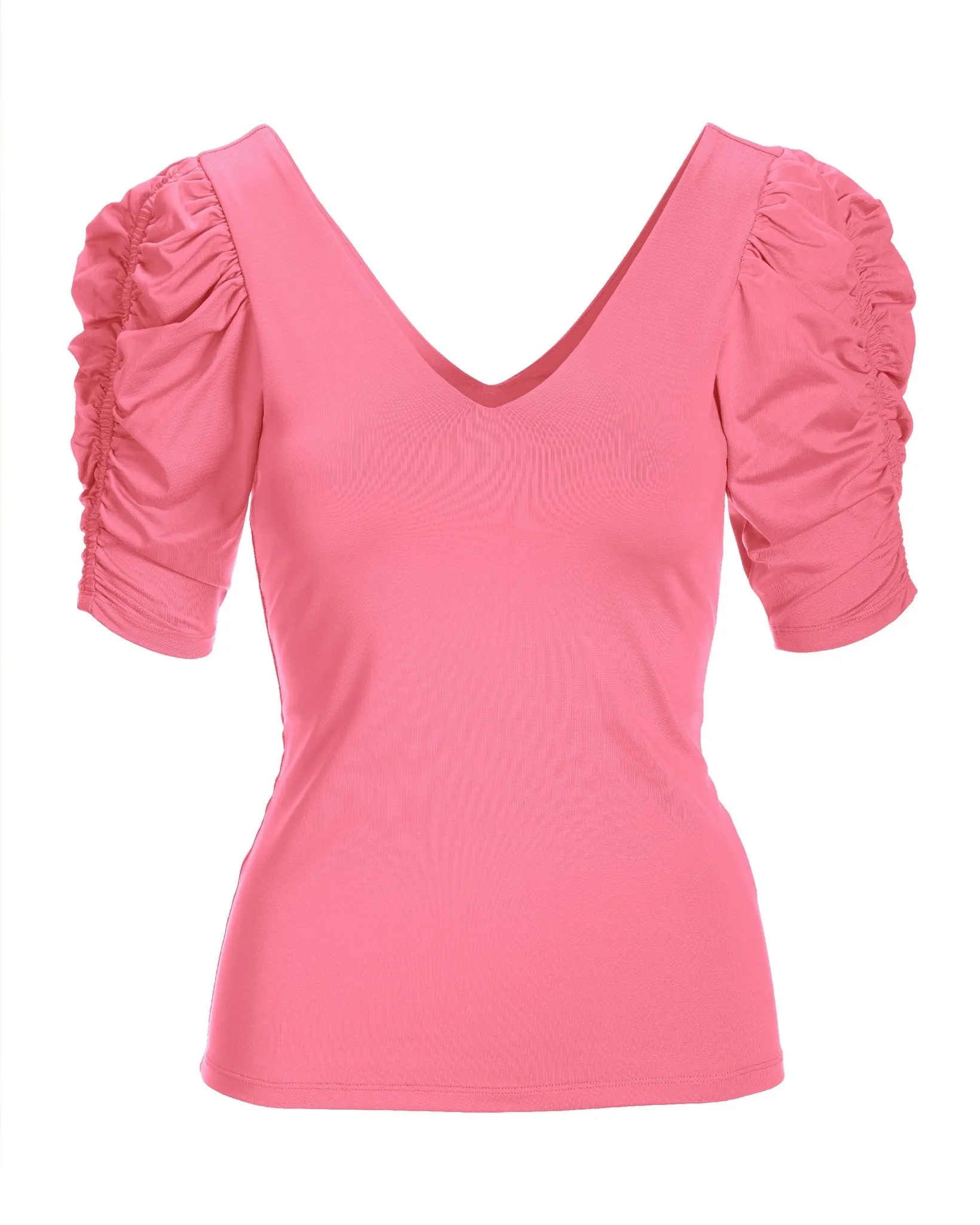 So Modern Ruched Sleeve V Neck Top Aurora Pink