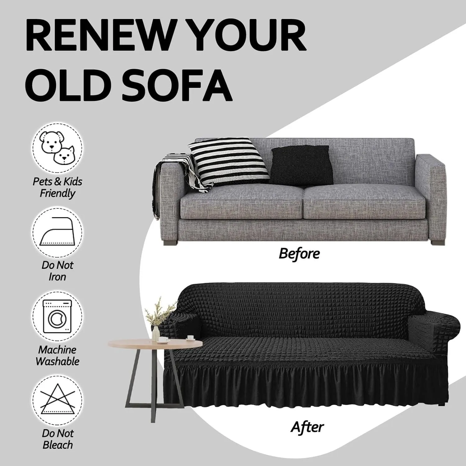 Sofa cover with Skirts Black 4 sizes