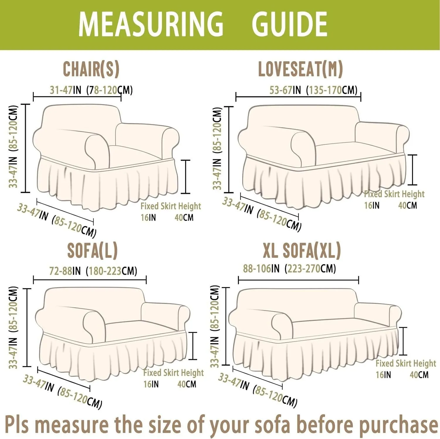 Sofa cover with Skirts Black 4 sizes