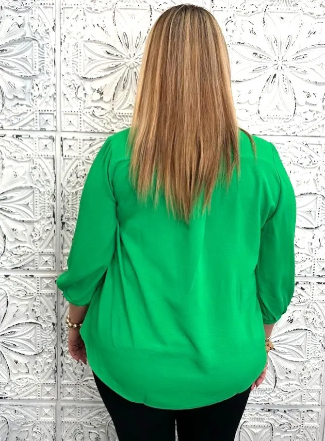 Solid 3/4 Sleeve V-Neck Top w/ Placket Detail