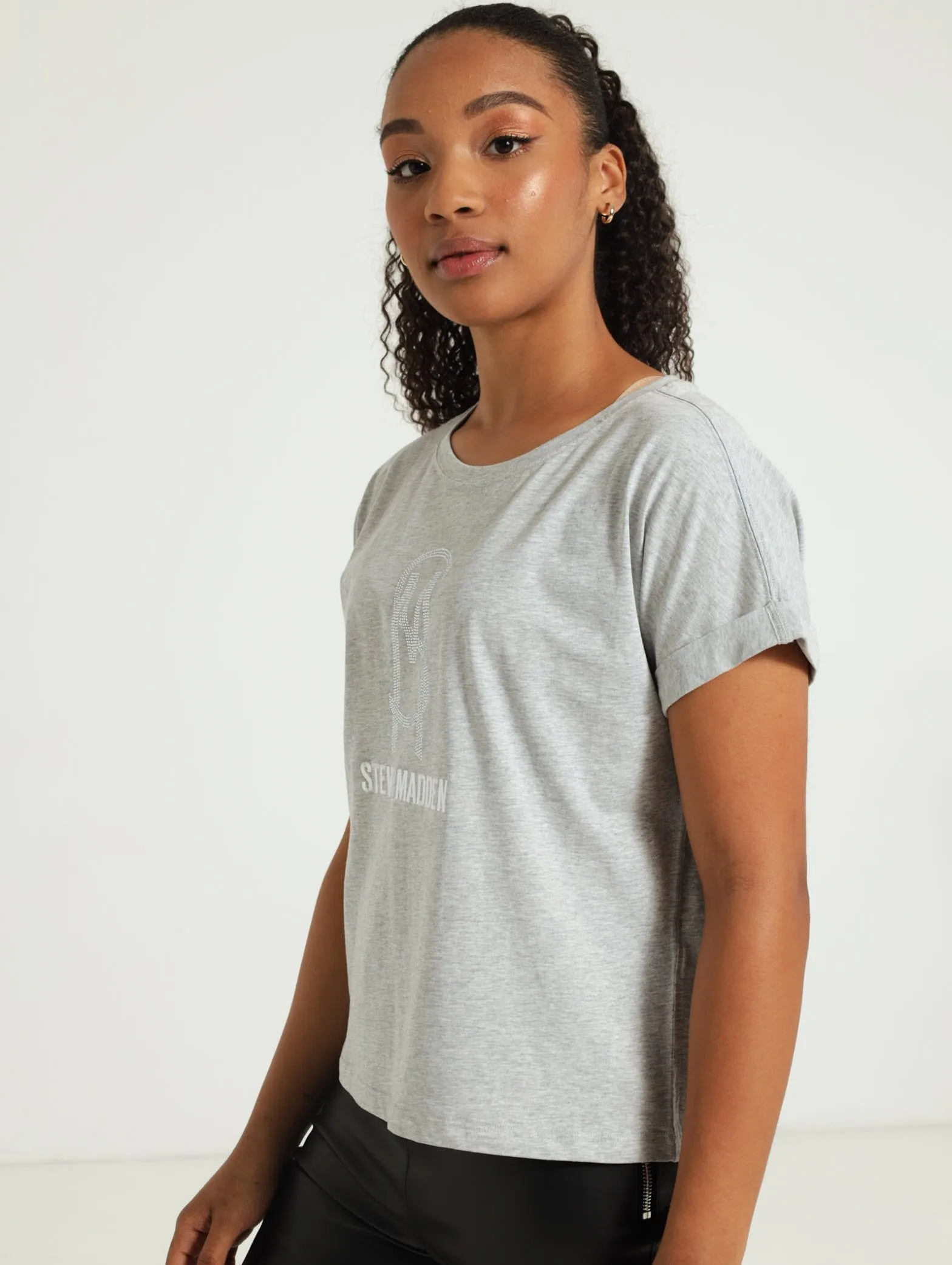 Sophia Boxy Crystal Logo Tee - Grey Melnage
