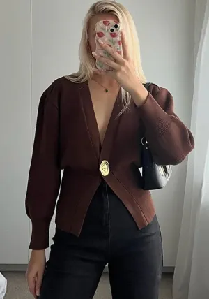 Sophisticated Deep V-Neck Knit Cardigan with Elegant Button Closure