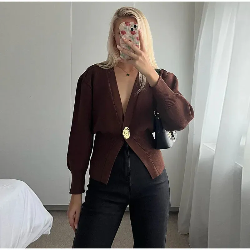 Sophisticated Deep V-Neck Knit Cardigan with Elegant Button Closure