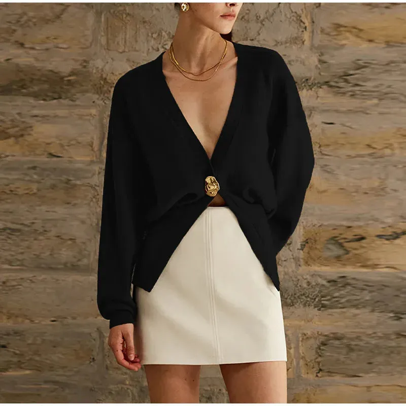 Sophisticated Deep V-Neck Knit Cardigan with Elegant Button Closure
