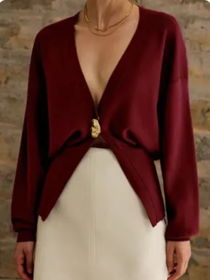 Sophisticated Deep V-Neck Knit Cardigan with Elegant Button Closure