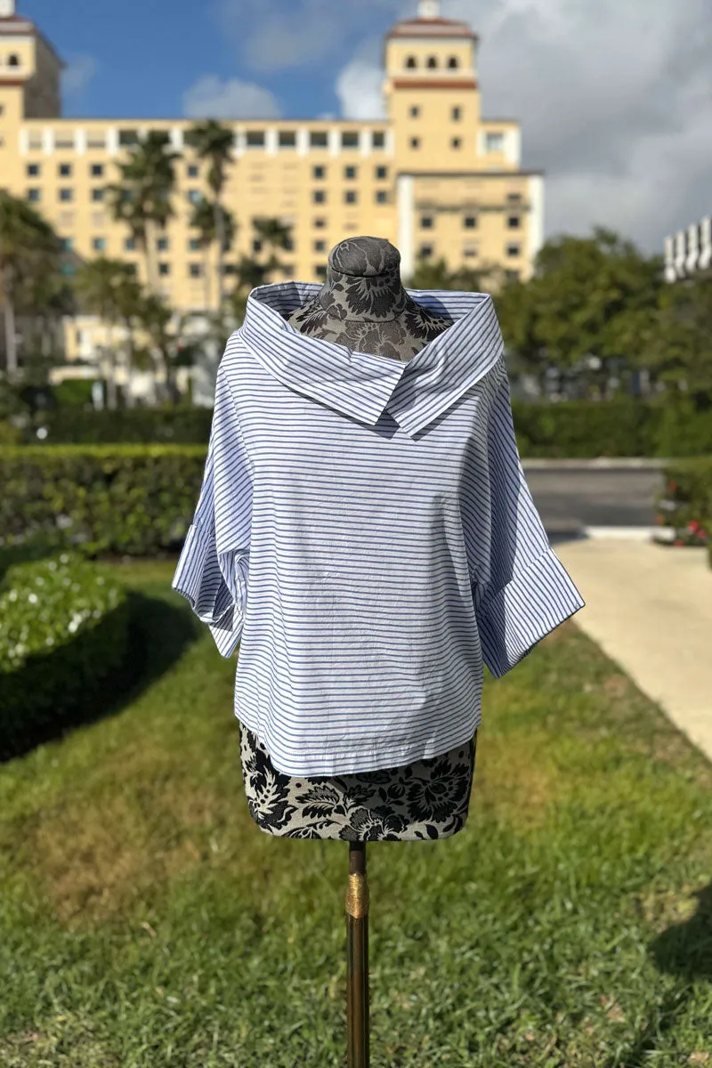 Stripe Crossover Blouse with a Cowl Neck in Blue and White