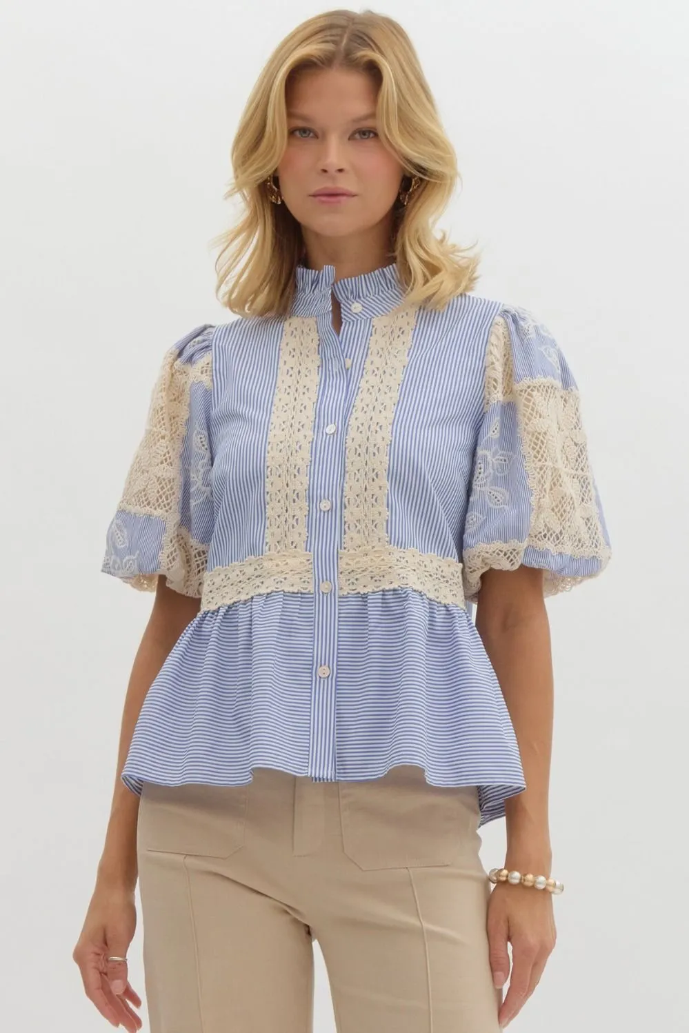 Striped and Crochet Peplum Blouse