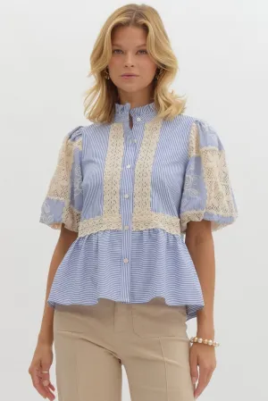 Striped and Crochet Peplum Blouse