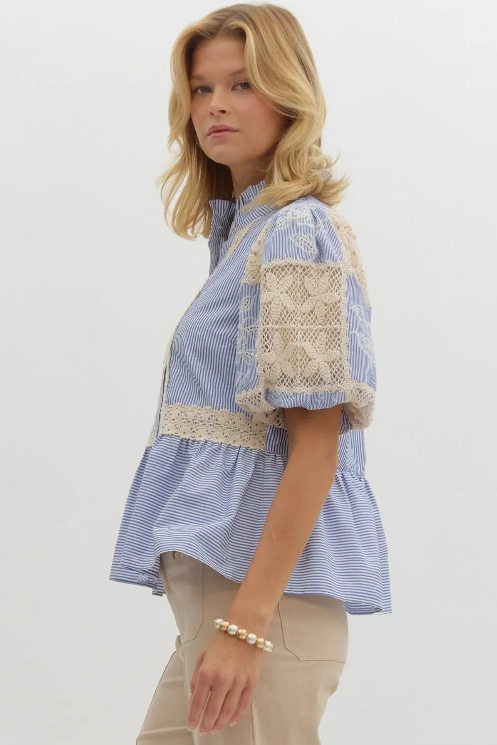 Striped and Crochet Peplum Blouse