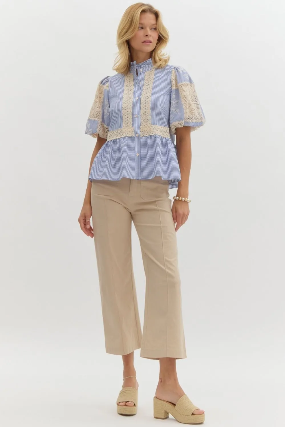 Striped and Crochet Peplum Blouse