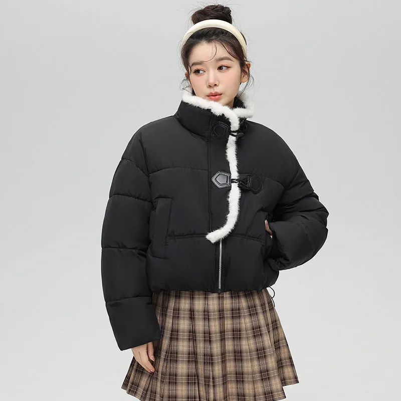 Stylish Solid Color Boxy Fit Puffer Jacket with Toggle Button