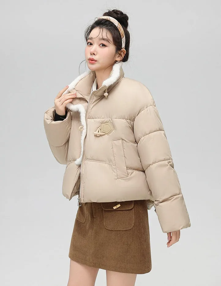 Stylish Solid Color Boxy Fit Puffer Jacket with Toggle Button