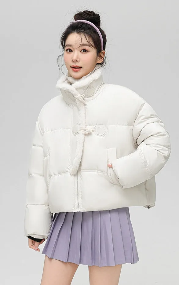 Stylish Solid Color Boxy Fit Puffer Jacket with Toggle Button