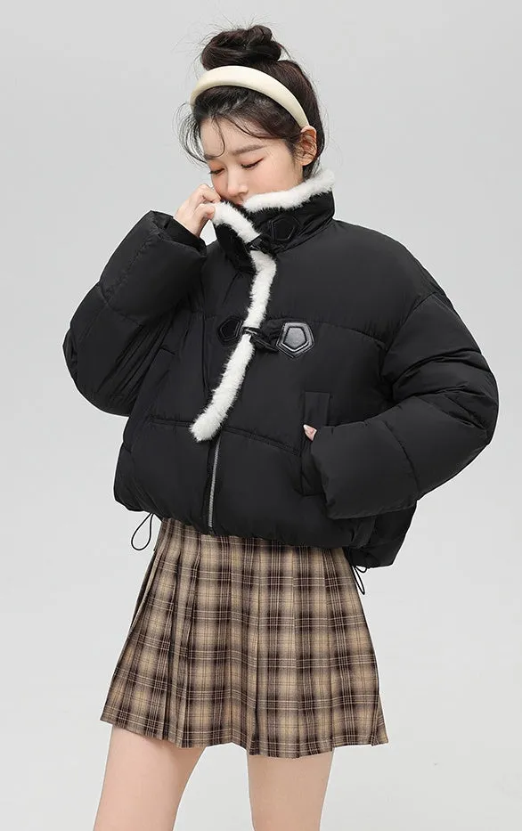 Stylish Solid Color Boxy Fit Puffer Jacket with Toggle Button
