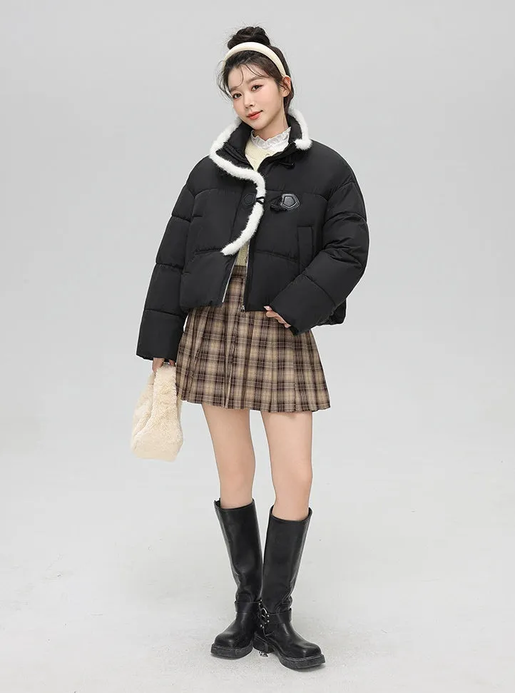 Stylish Solid Color Boxy Fit Puffer Jacket with Toggle Button