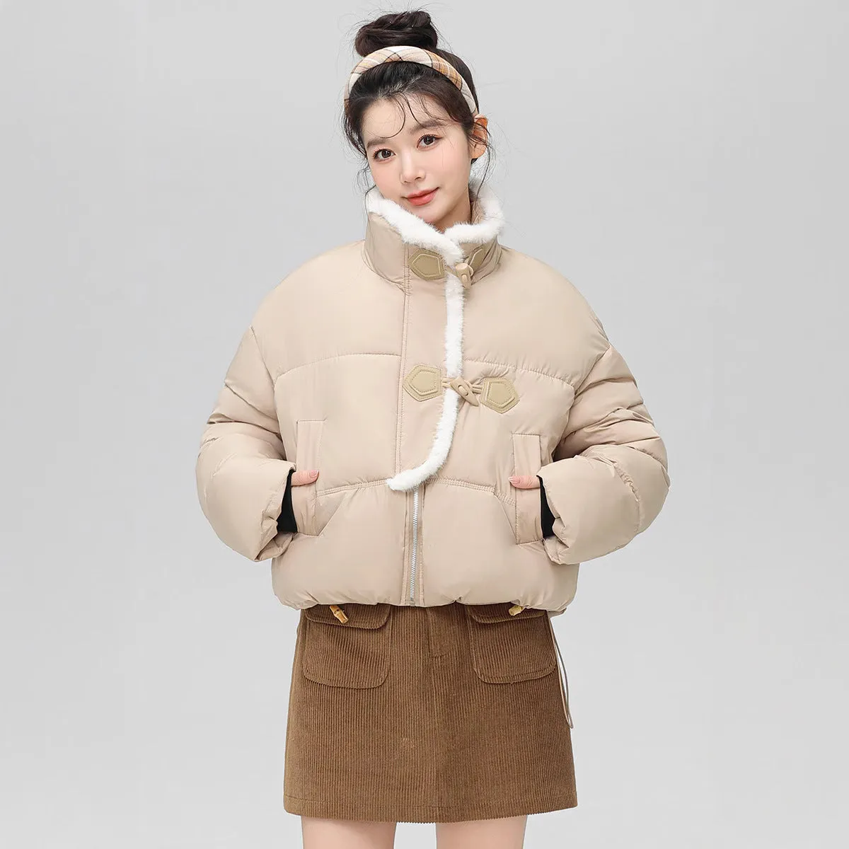 Stylish Solid Color Boxy Fit Puffer Jacket with Toggle Button