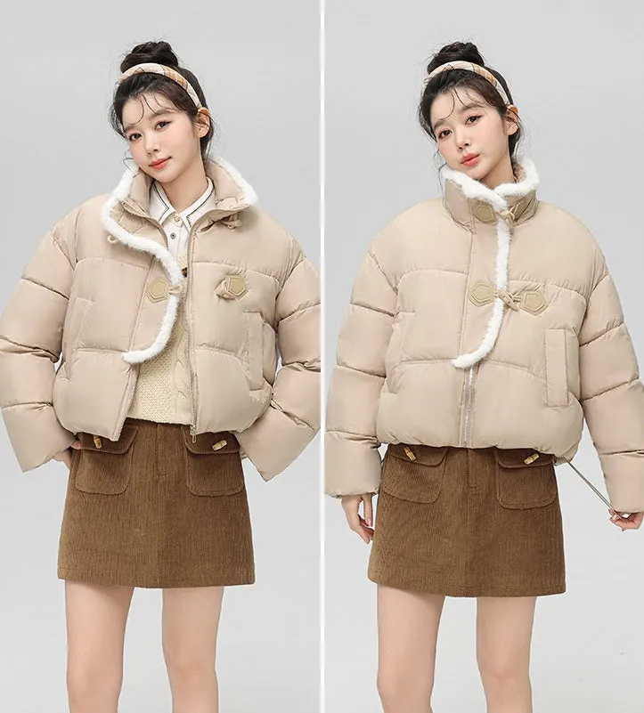 Stylish Solid Color Boxy Fit Puffer Jacket with Toggle Button
