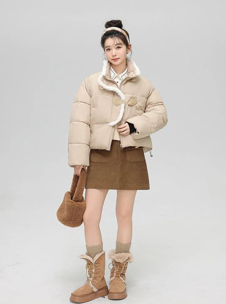 Stylish Solid Color Boxy Fit Puffer Jacket with Toggle Button