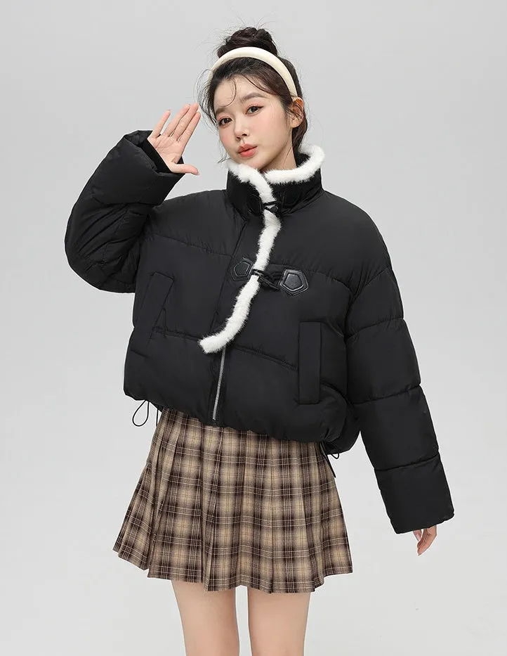 Stylish Solid Color Boxy Fit Puffer Jacket with Toggle Button