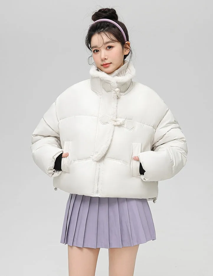 Stylish Solid Color Boxy Fit Puffer Jacket with Toggle Button