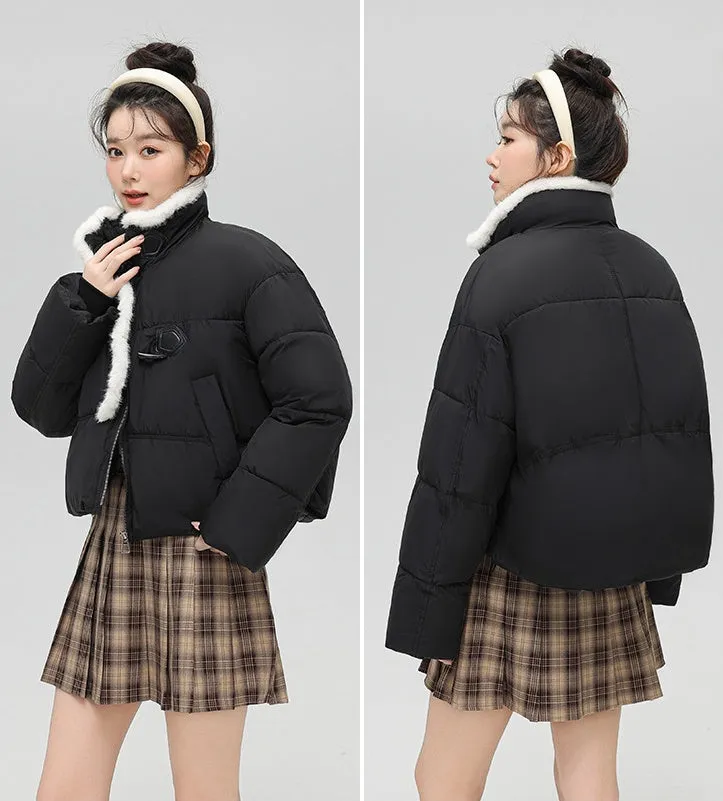 Stylish Solid Color Boxy Fit Puffer Jacket with Toggle Button