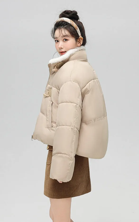 Stylish Solid Color Boxy Fit Puffer Jacket with Toggle Button