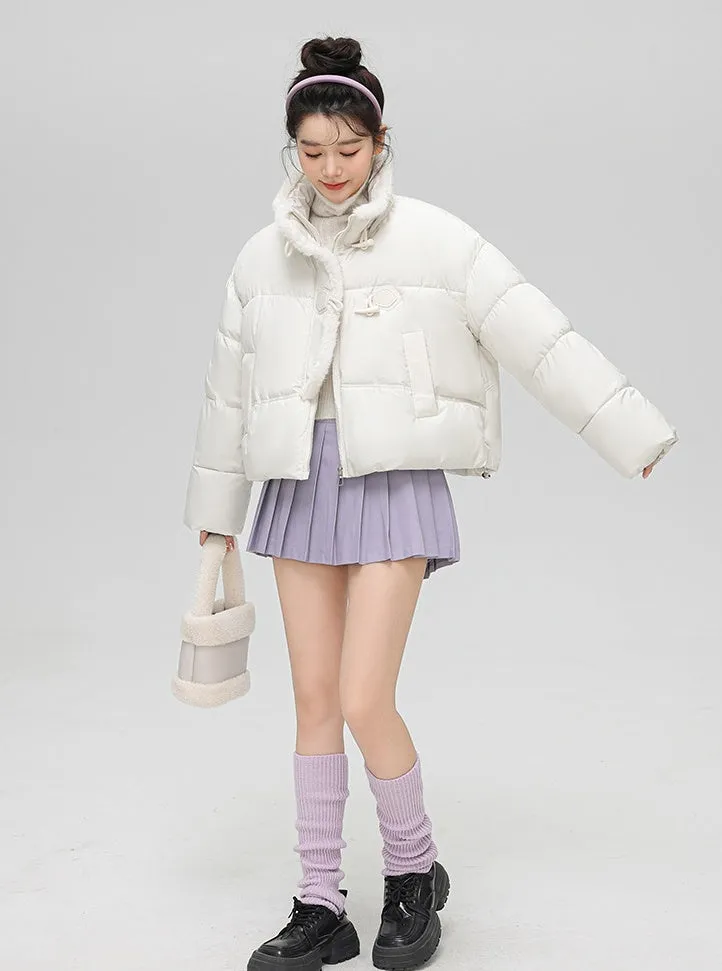 Stylish Solid Color Boxy Fit Puffer Jacket with Toggle Button