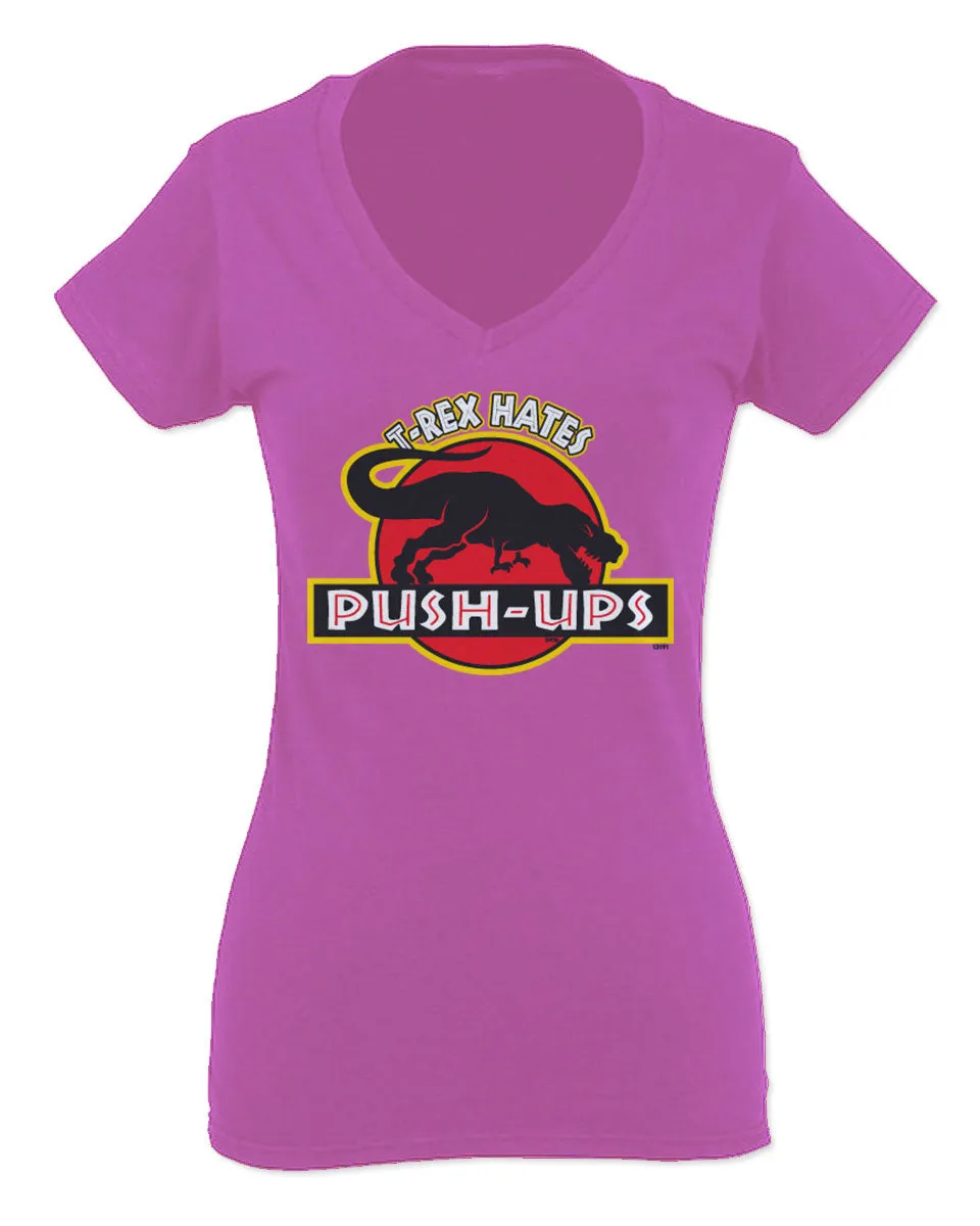 T Rex Hate Push UPS Funny Dinosaur Workout Fitness Gym For Women V neck fitted T Shirt