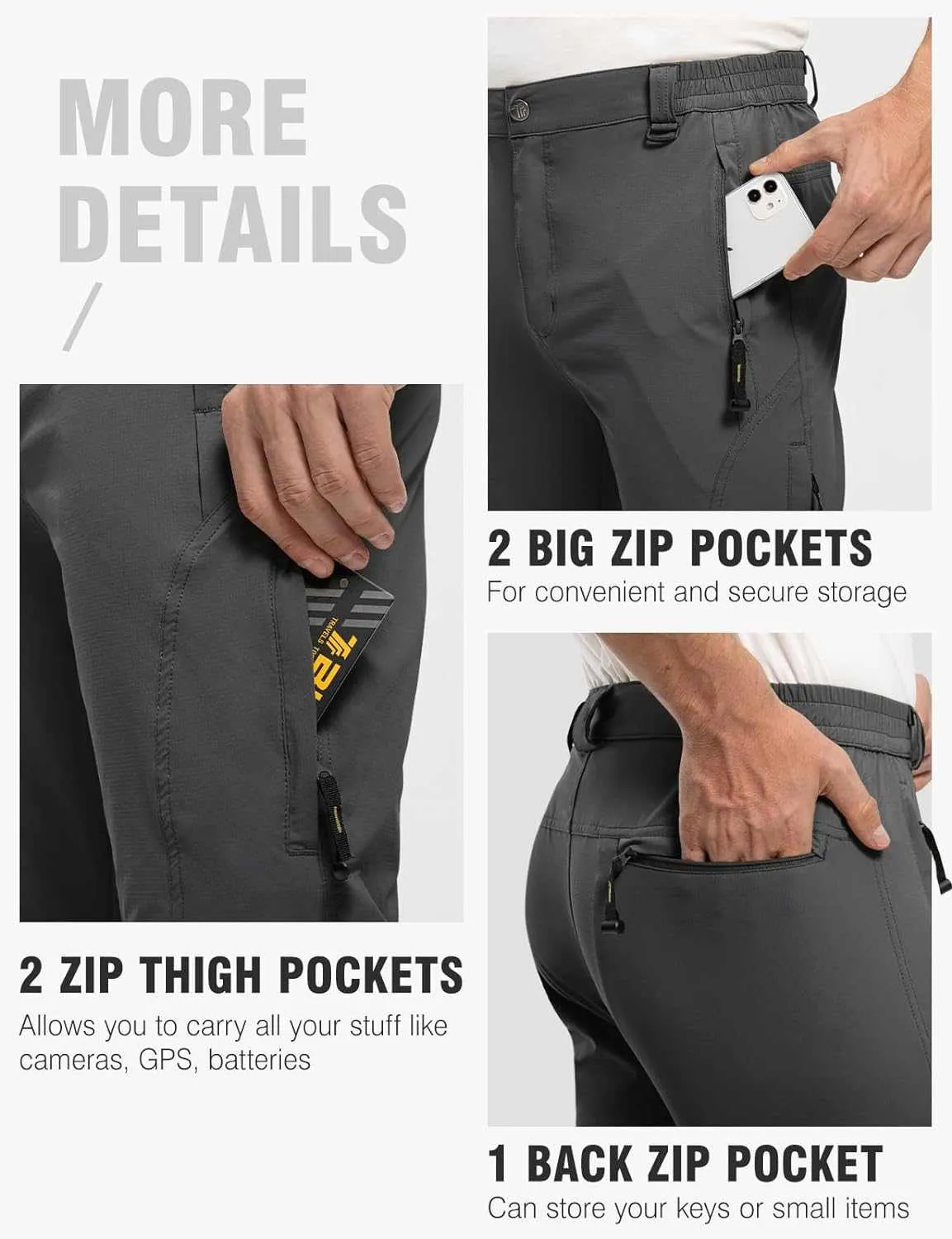 TBMPOY Men's Lightweight Hiking Pants with Belt 5 Zip Pocketsj